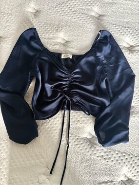 Olive Tree Navy Satin Ruched Long-Sleeve Crop Top